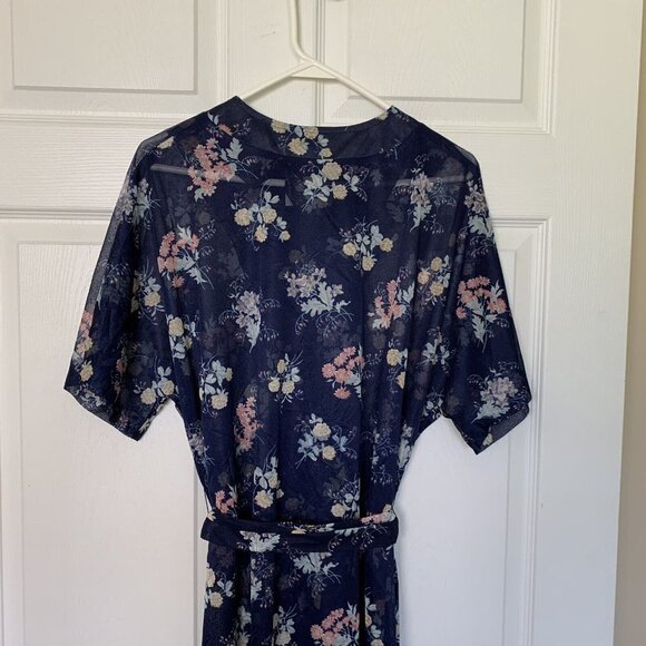 Tribute Robe Size 22 Blue Floral Sheer Button Short Sleeve House Dress - Picture 7 of 13